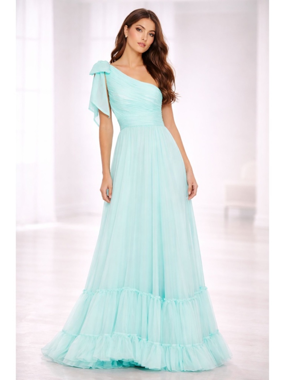 Mac Duggal 68472 Ruched Tiered One-Shoulder Gown Sz 4 Aqua $398